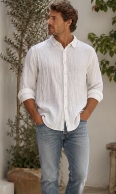 CP Shades Men Btn Dwn White Crinkle Linen Grid Windowpane Romy LS Shirt XL